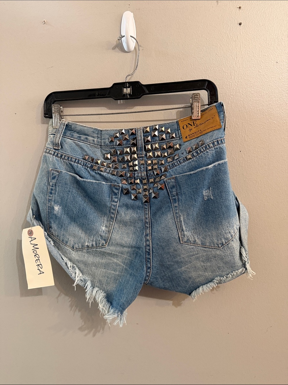 One Teaspoon Light Blue Studded Distressed Denim Shorts - Picture 2 of 6